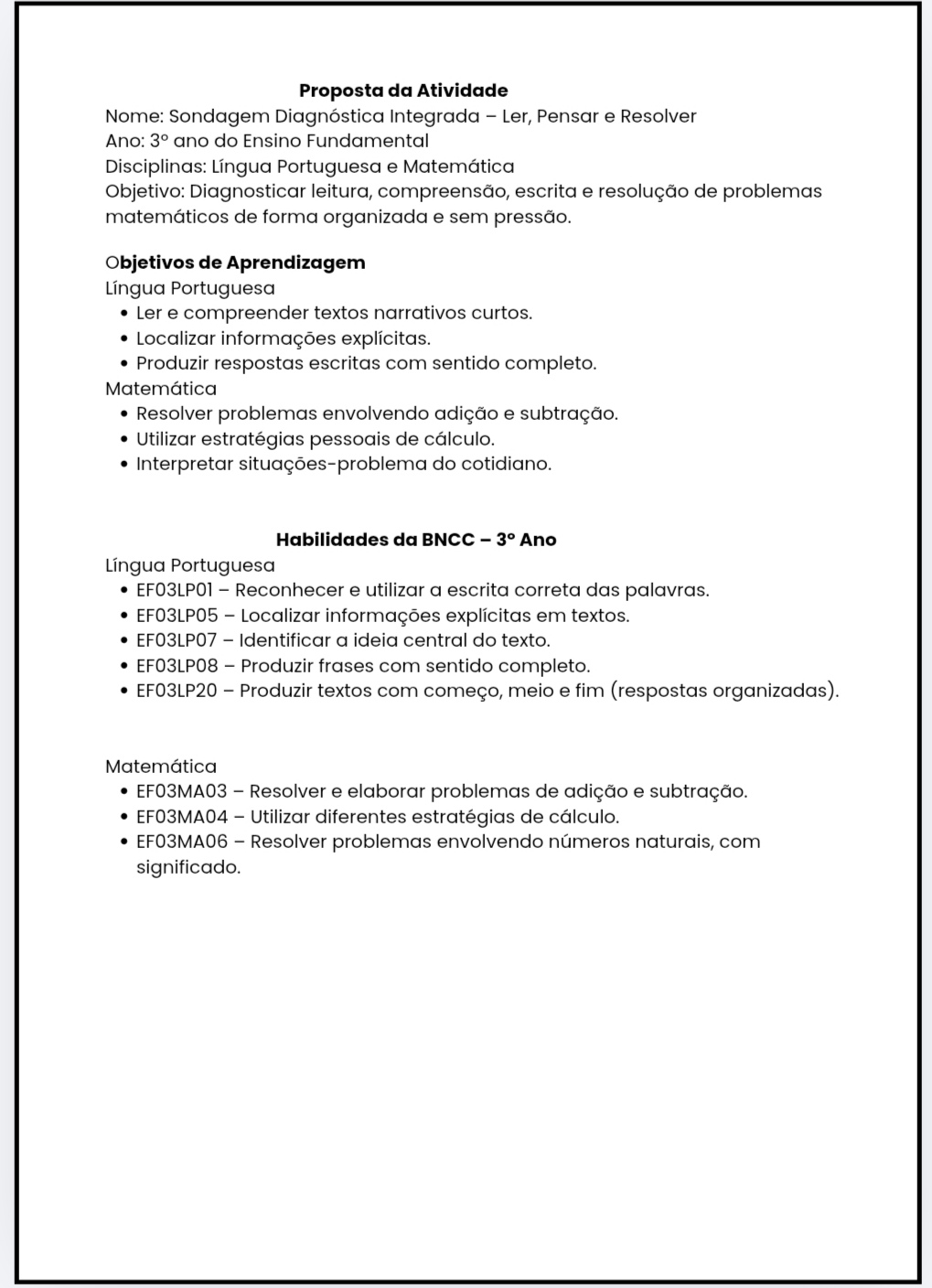 Kit Diagnóstico Inicial - Língua Portuguesa e matemática 3º ano — amostra 3: RECEBE
