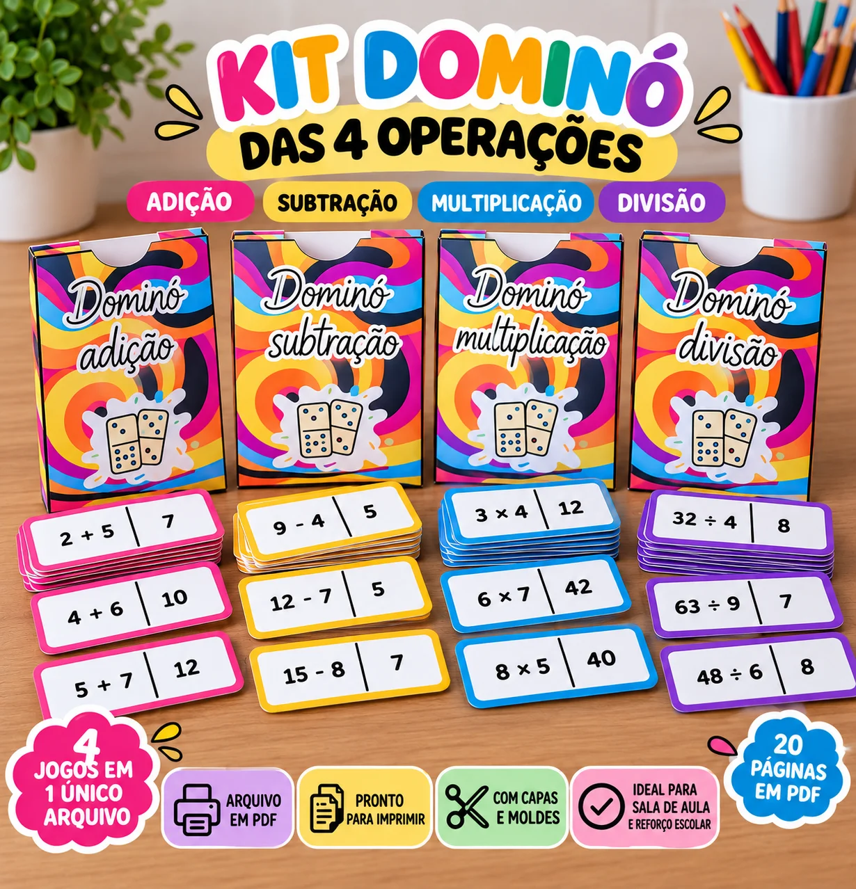 Kit Dominó das 4 Operações – Jogos Matemáticos Ensino Fundamental — amostra 2: Kit com 4 jogos de dominó matemático para…