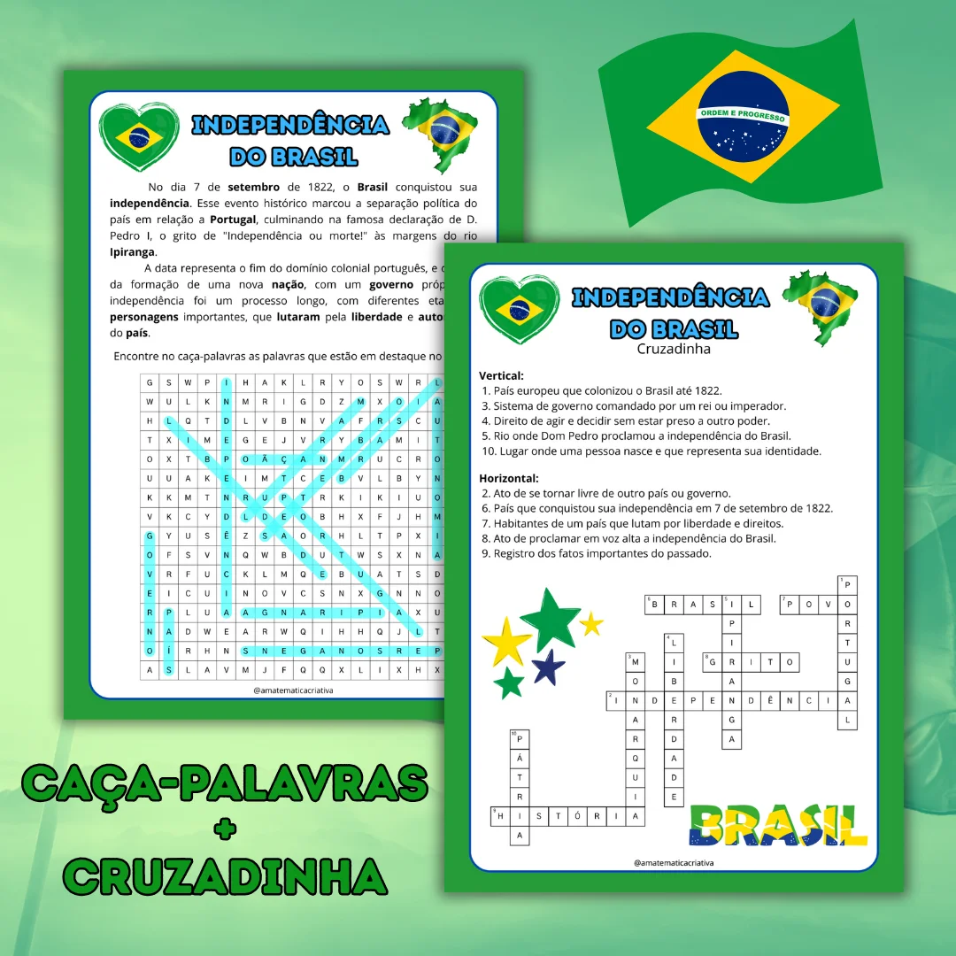 Kit Educativo Independência do Brasil – Caça-palavras + Cruzadinha — amostra 1: Deixe suas aulas sobre a Independência do…