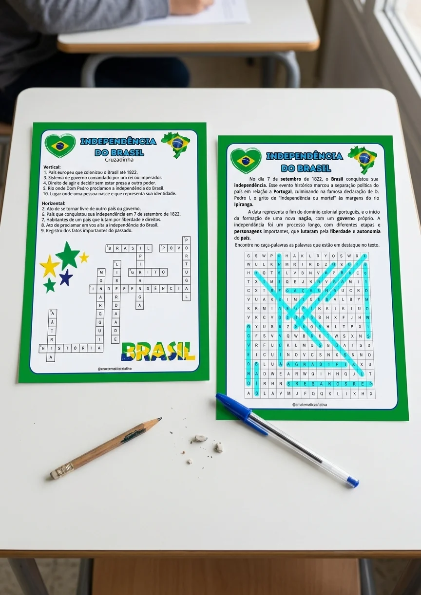 Kit Educativo Independência do Brasil – Caça-palavras + Cruzadinha — amostra 3: Deixe suas aulas sobre a Independência do…