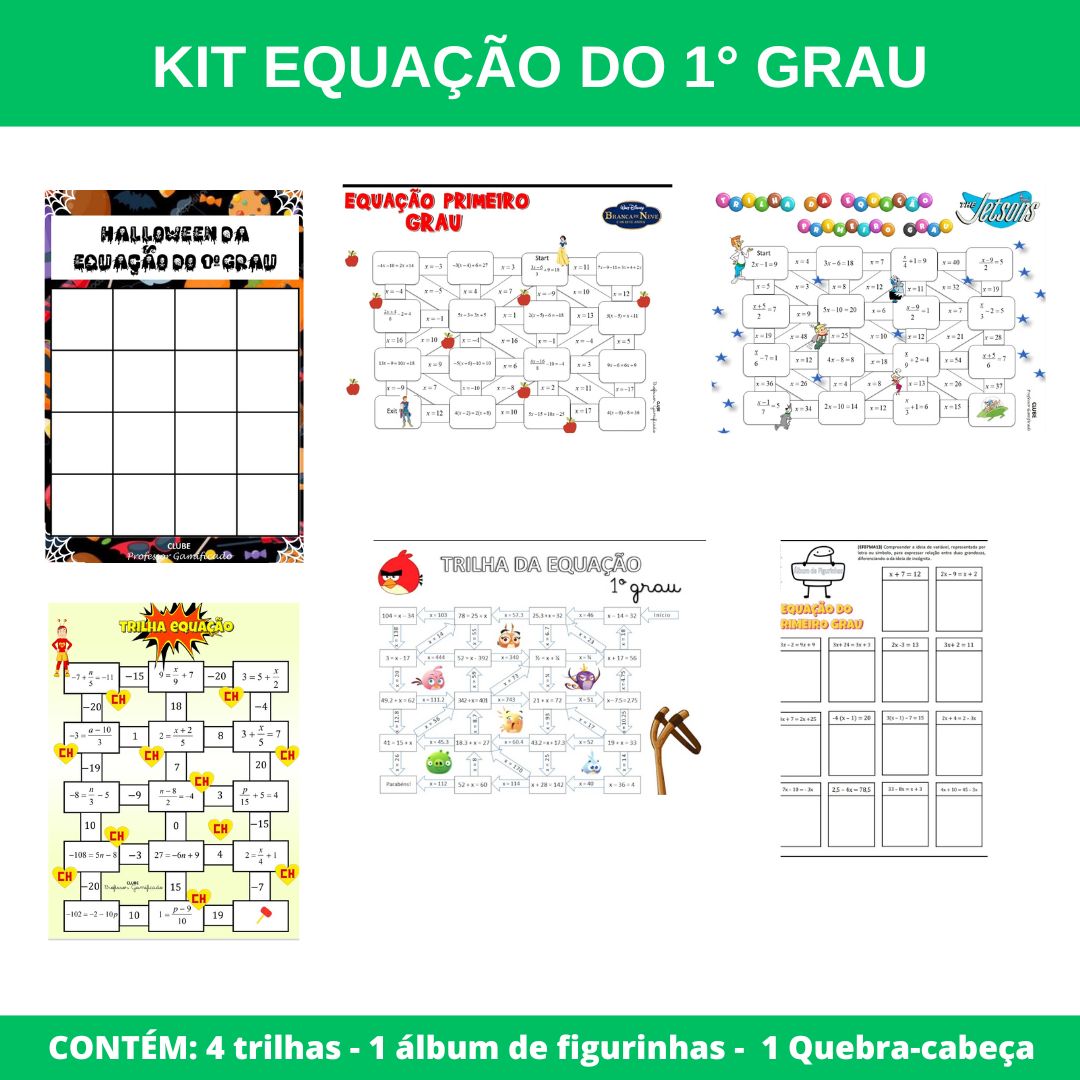 Kit equação do 1º grau – PDF para Imprimir — Matemática para Fundamental II (6º–9º): 4 TRILHAS / LABIRINTOS 1…