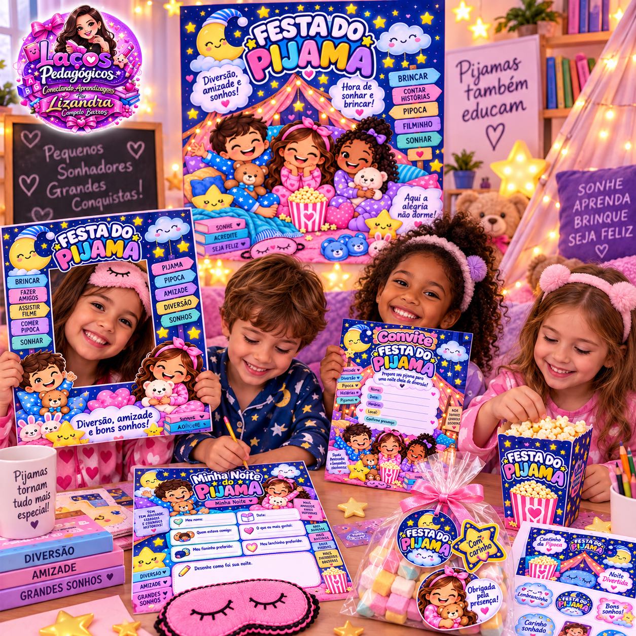 Kit Festa do Pijama / Educação Infantil e Anos Iniciais — amostra 1: O material conta com painel, molduras para fotos,…