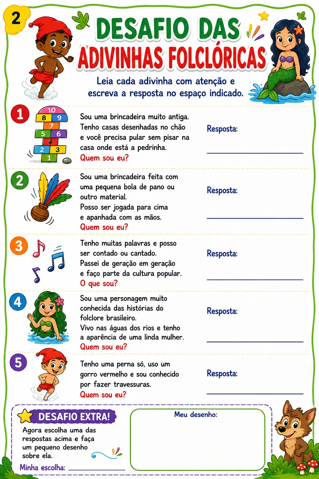 Kit Folclore – Desafios e Brincadeiras | 2º e 3º Ano — amostra 6: 10 atividades o Folclore Brasileiro, com adivinhas,…
