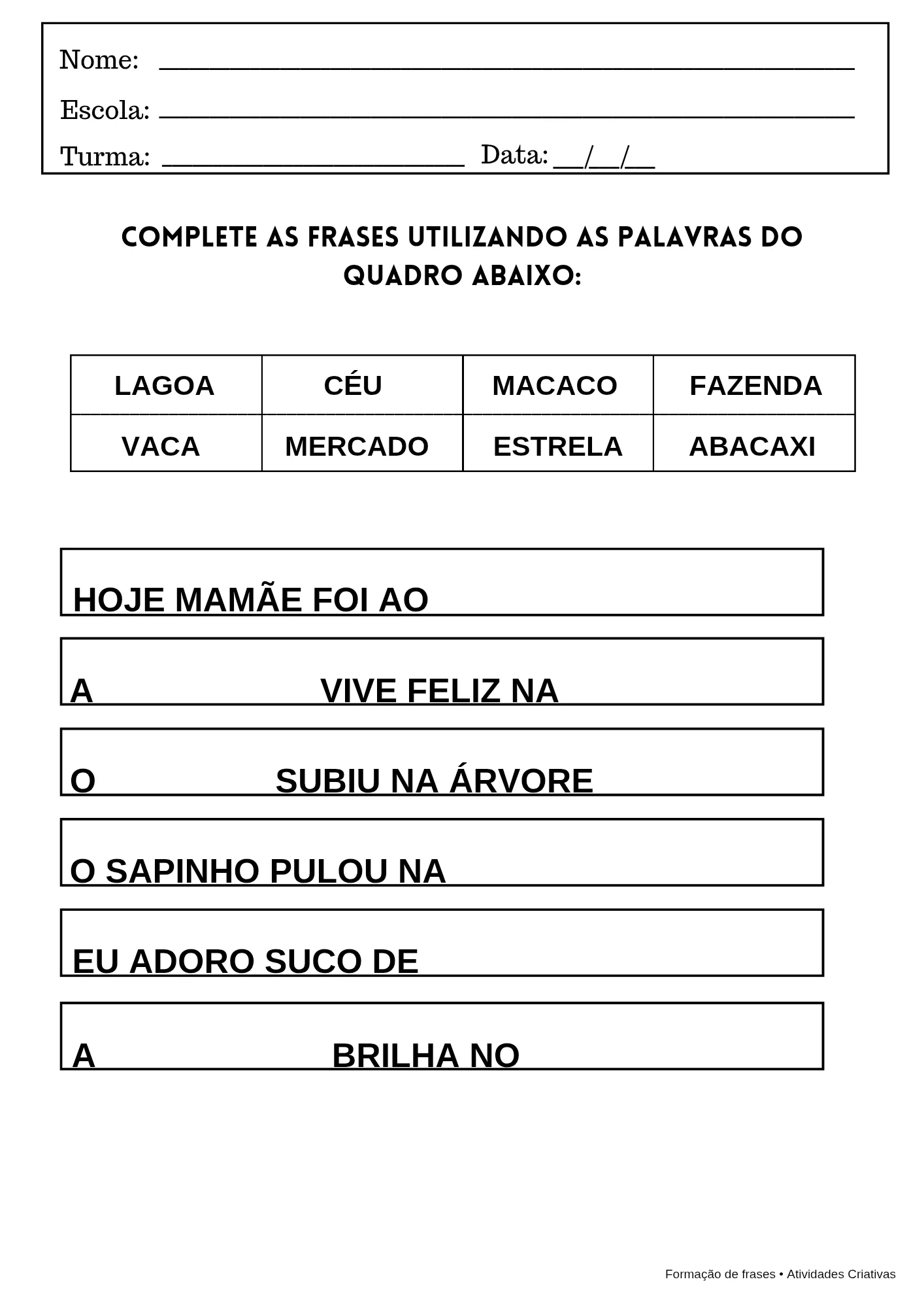 Kit Formação de Frases – PDF para Imprimir — amostra 6: Desenvolva a leitura, a escrita e a produção textual de forma…