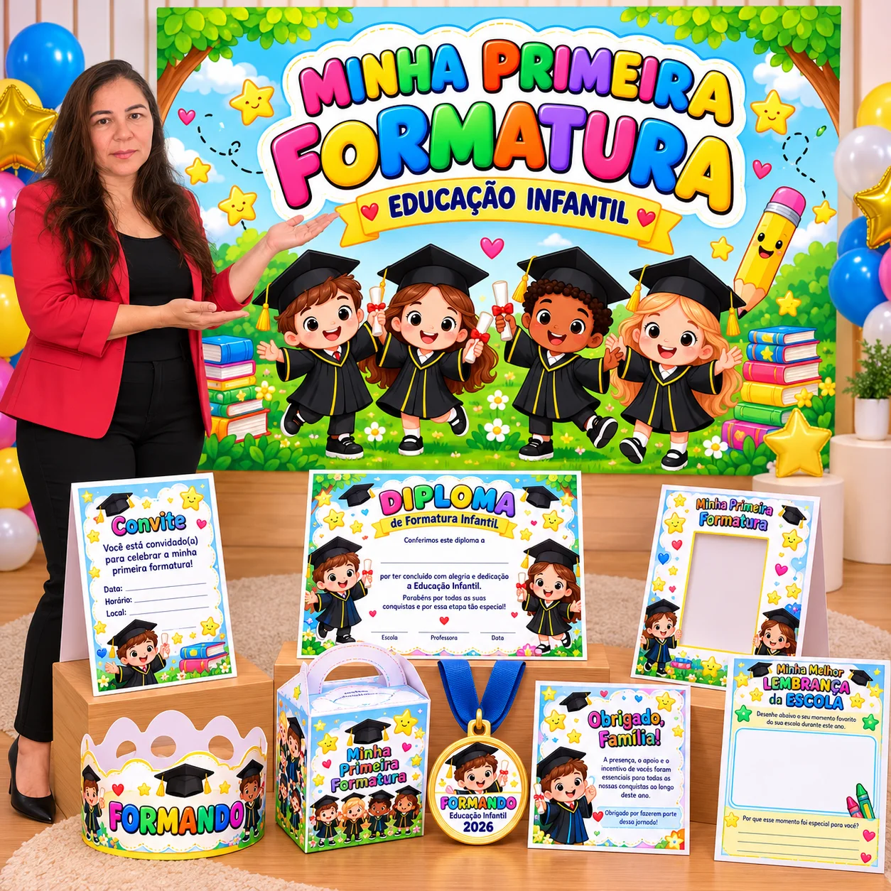 Kit Formatura Educação Infantil 2026 – Painel e Lembrancinhas em PDF — amostra 2: O que está incluso