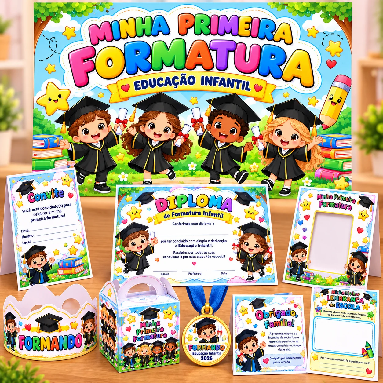 Kit Formatura Educação Infantil 2026 – Painel e Lembrancinhas em PDF — amostra 4: Para qual etapa escolar