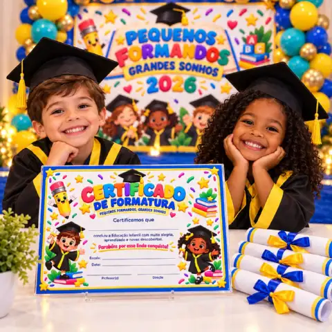 Kit Formatura Infantil 2026 – Painel Ampliado e Certificado | — amostra 2: lebre a formatura infantil com painel colorido,…