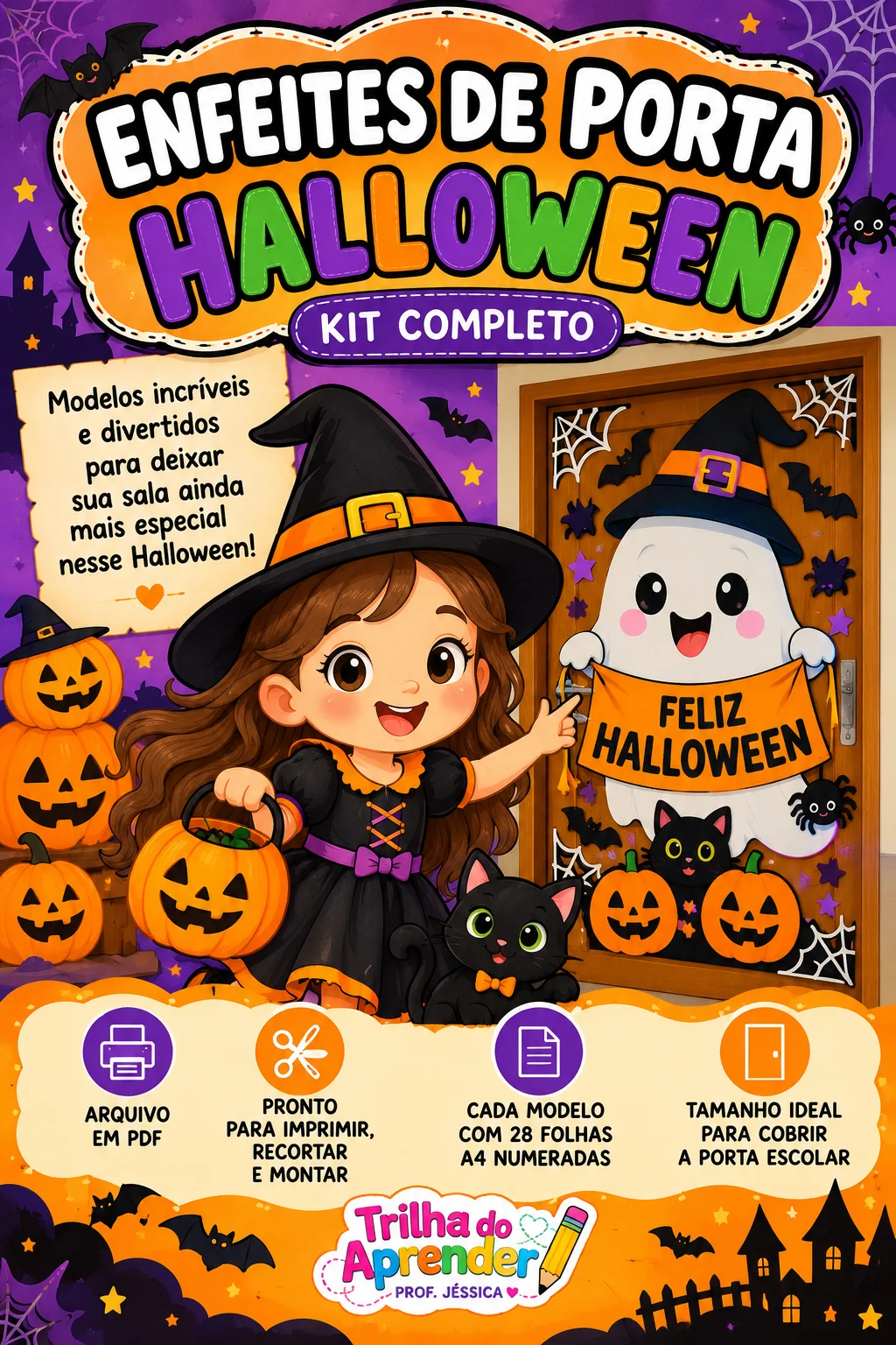 Kit Halloween – 15 Decorações de Porta Escolar para Imprimir em PDF — Alfabetização para Educação Infantil: Kit com 15…
