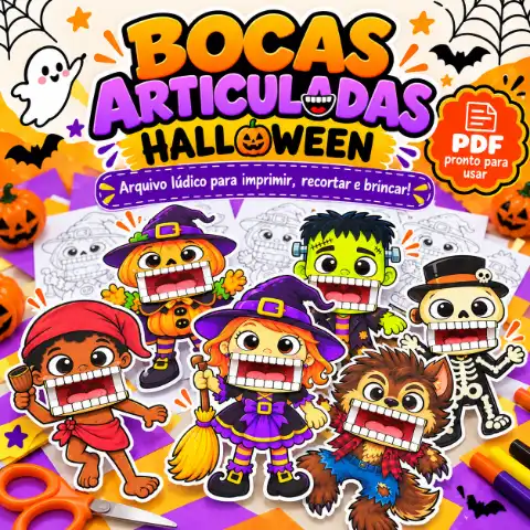 Kit Halloween e Dia do Saci – 10 Bocas Articuladas — amostra 4: Kit Bocas Articuladas em PDF com 10 personagens de…