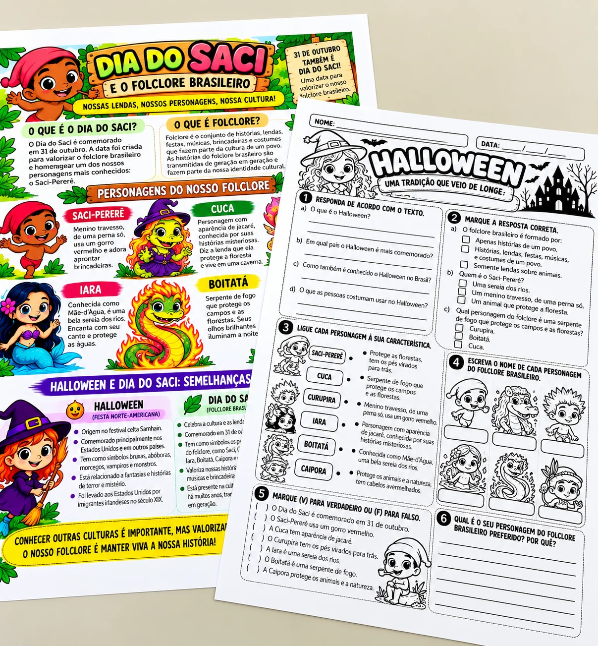 Kit Halloween e Dia do Saci – Atividades — amostra 2: Kit educativo com textos e atividades sobre Halloween e Dia do Saci,…