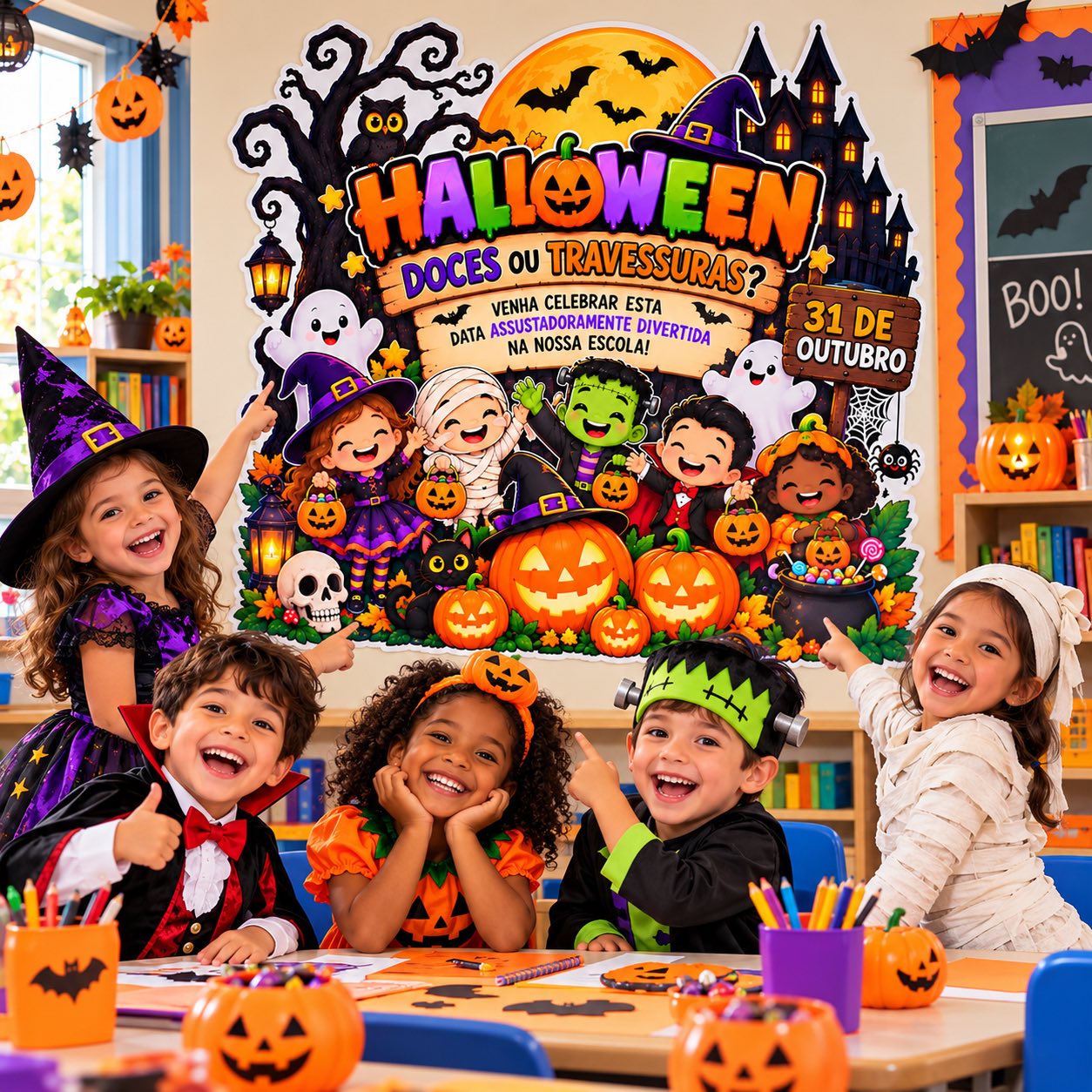 Kit Halloween Escolar: Painel para Imprimir, Tags e Decoração de Cesta — amostra 2: Decore o Halloween escolar com painel…
