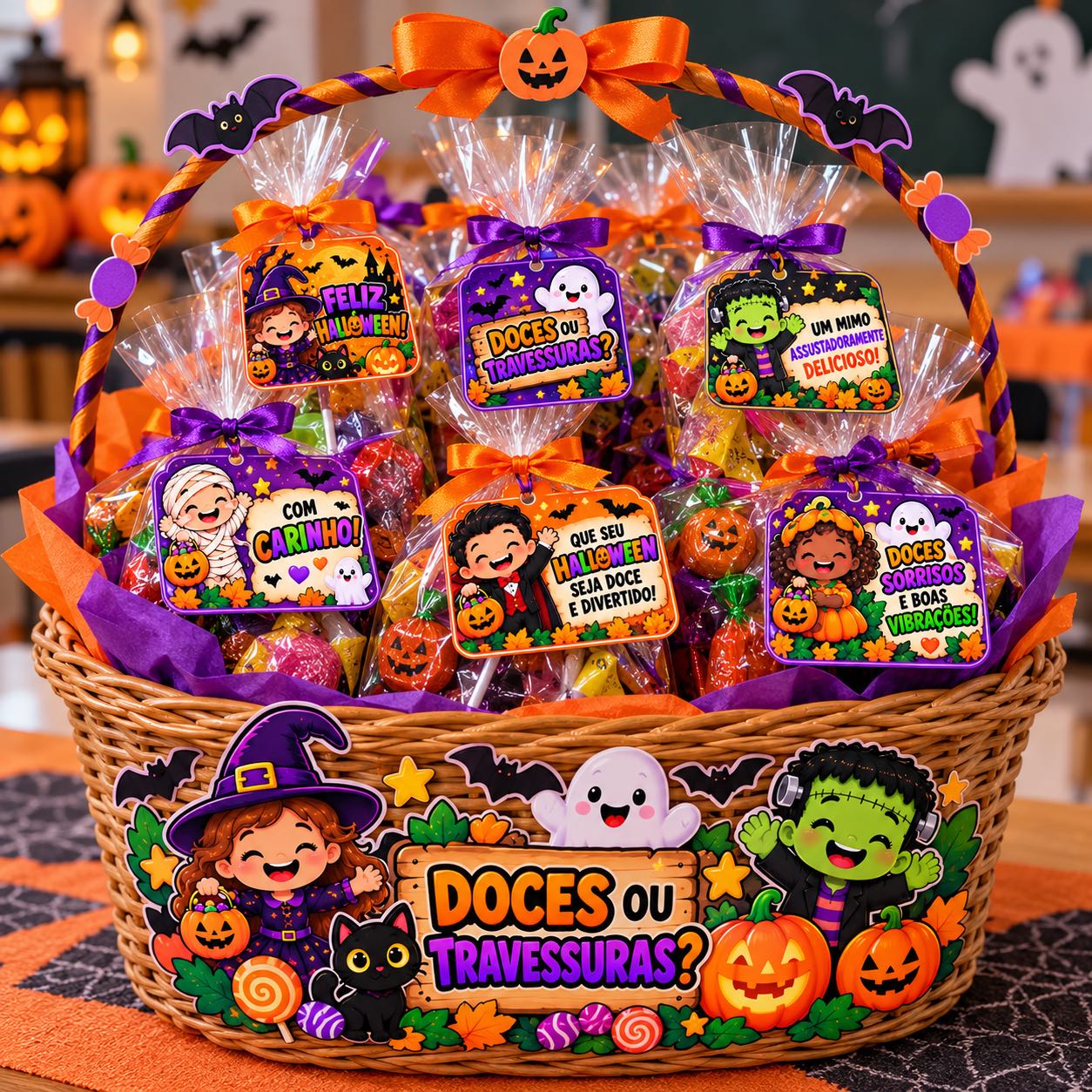 Kit Halloween Escolar: Painel para Imprimir, Tags e Decoração de Cesta — amostra 4: Decore o Halloween escolar com painel…