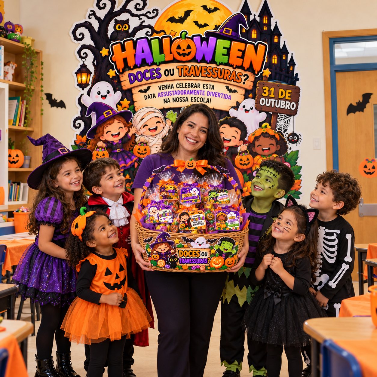Kit Halloween Escolar: Painel para Imprimir, Tags e Decoração de Cesta — amostra 5: Decore o Halloween escolar com painel…