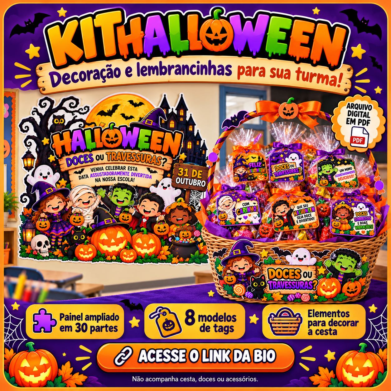 Kit Halloween Escolar: Painel para Imprimir, Tags e Decoração de Cesta — capa do material