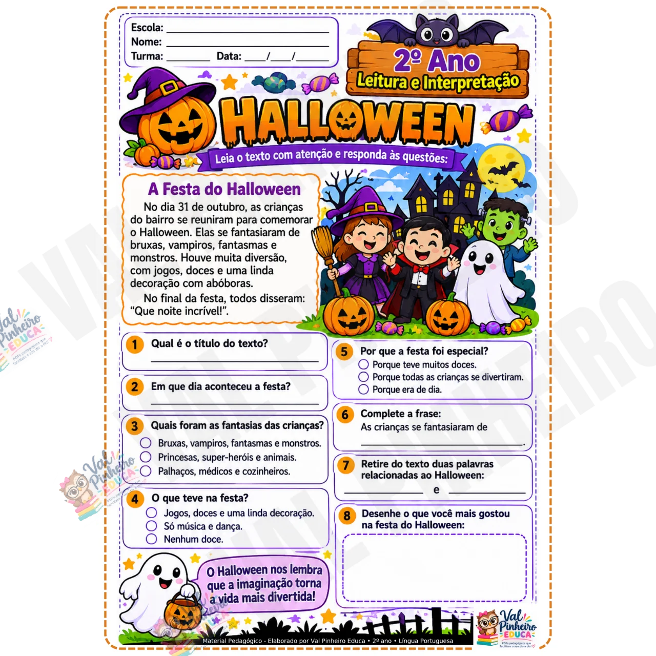 KIT HALLOWEEN – LEITURA, ESCRITA E INTERPRETAÇÃO | 2º ANO — amostra 4: 1 atividade de leitura e interpretação de texto, com…
