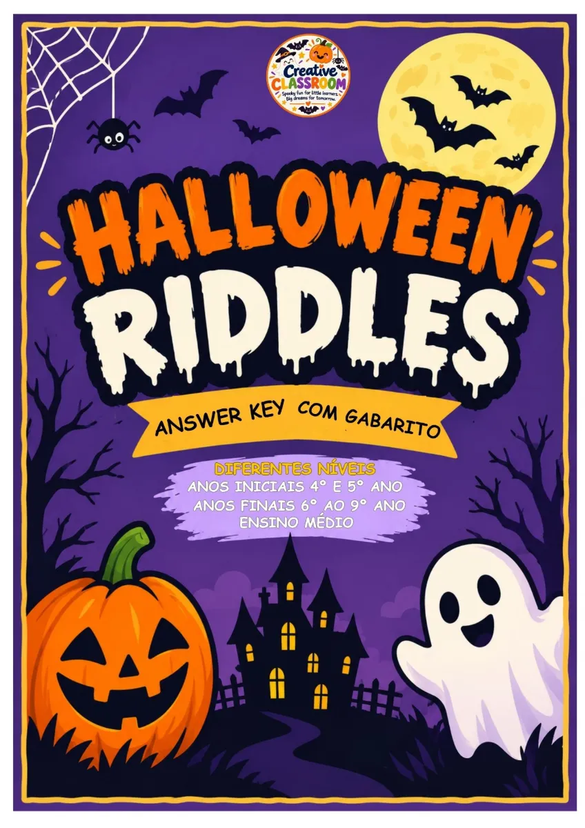 Kit Halloween Riddles Charadas em Inglês 3 Níveis de Ensino — amostra 1: Aprenda inglês desvendando mistérios de Halloween!