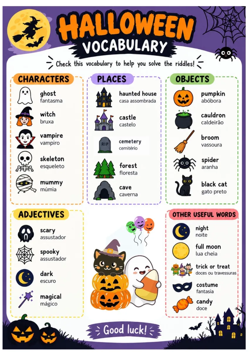Kit Halloween Riddles Charadas em Inglês 3 Níveis de Ensino — amostra 2: O Kit Halloween Riddles traz charadas com pistas…