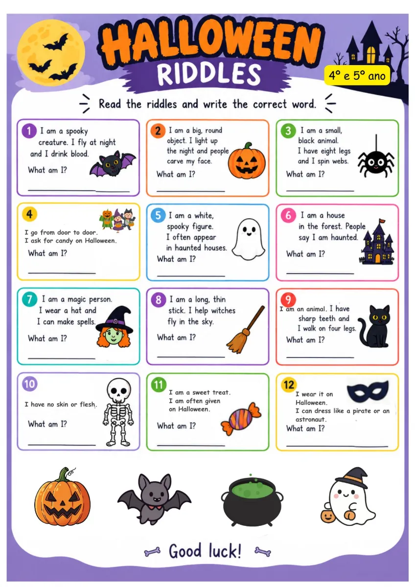 Kit Halloween Riddles Charadas em Inglês 3 Níveis de Ensino — amostra 3: O Kit Halloween Riddles traz charadas com pistas…
