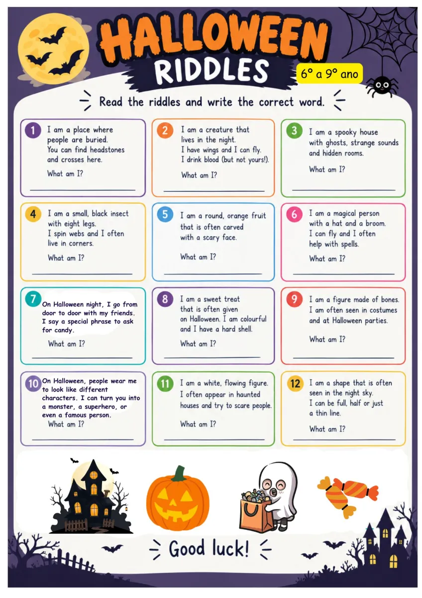 Kit Halloween Riddles Charadas em Inglês 3 Níveis de Ensino — amostra 4: O Kit Halloween Riddles traz charadas com pistas…