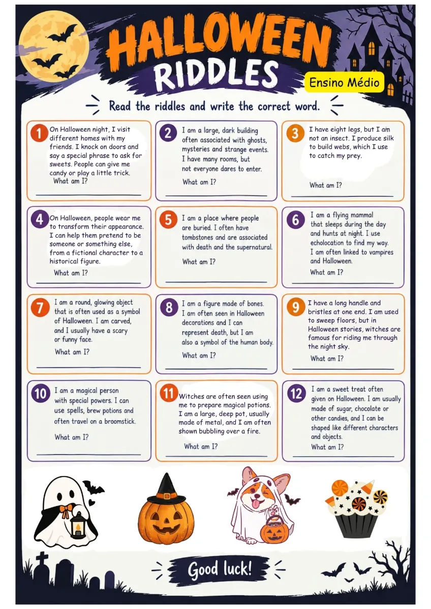 Kit Halloween Riddles Charadas em Inglês 3 Níveis de Ensino — amostra 5: O Kit Halloween Riddles traz charadas com pistas…