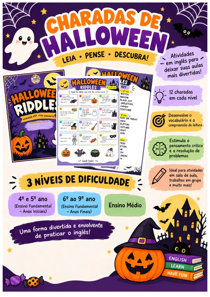 Kit Halloween Riddles Charadas em Inglês 3 Níveis de Ensino — Atividades para Fundamental II (6º–9º): O Kit Halloween…