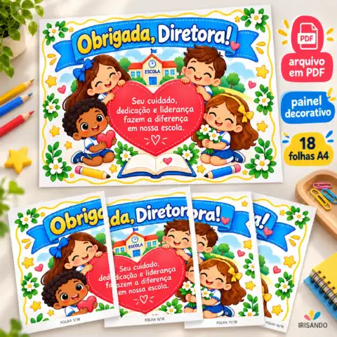Kit homenagem à diretora escolar - Irisando — amostra 2: Kit para homenagear a diretora com painel de 18 folhas A4, carta,…