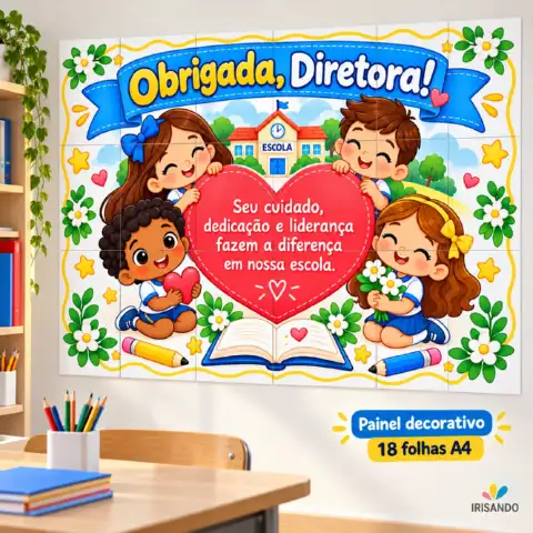 Kit homenagem à diretora escolar - Irisando — amostra 3: Kit para homenagear a diretora com painel de 18 folhas A4, carta,…