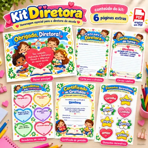 Kit homenagem à diretora escolar - Irisando — amostra 5: Kit para homenagear a diretora com painel de 18 folhas A4, carta,…