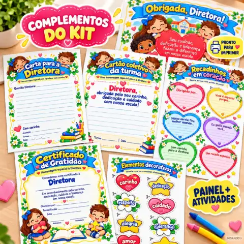 Kit homenagem à diretora escolar - Irisando — amostra 6: Kit para homenagear a diretora com painel de 18 folhas A4, carta,…
