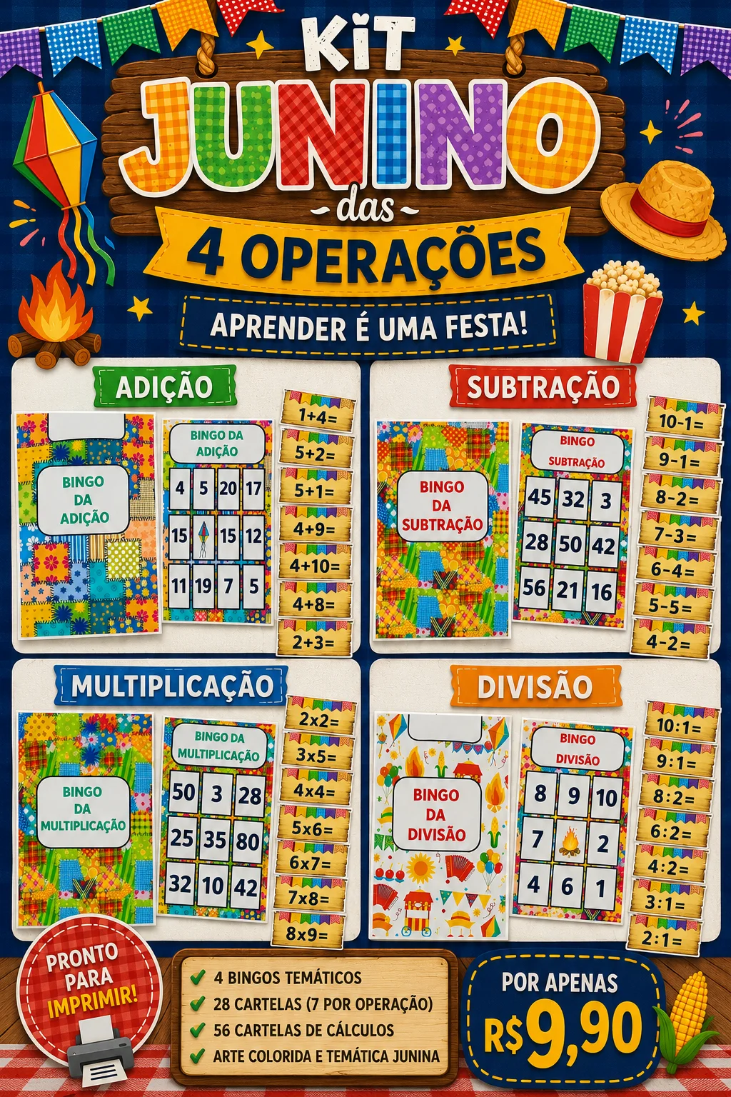Kit Junino dos Bingos Matemáticos - 4 Operações - Adição, Subtração, Multiplicação e Divisão — Matemática para 1º ano: 4…