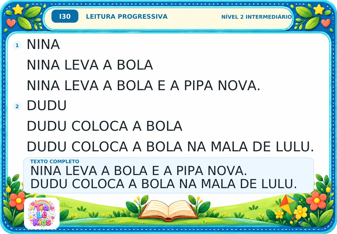 Kit Leitura Progressiva – Intermediário | 30 Fichas — amostra 5: 30 fichas com sílabas simples e duas frases progressivas