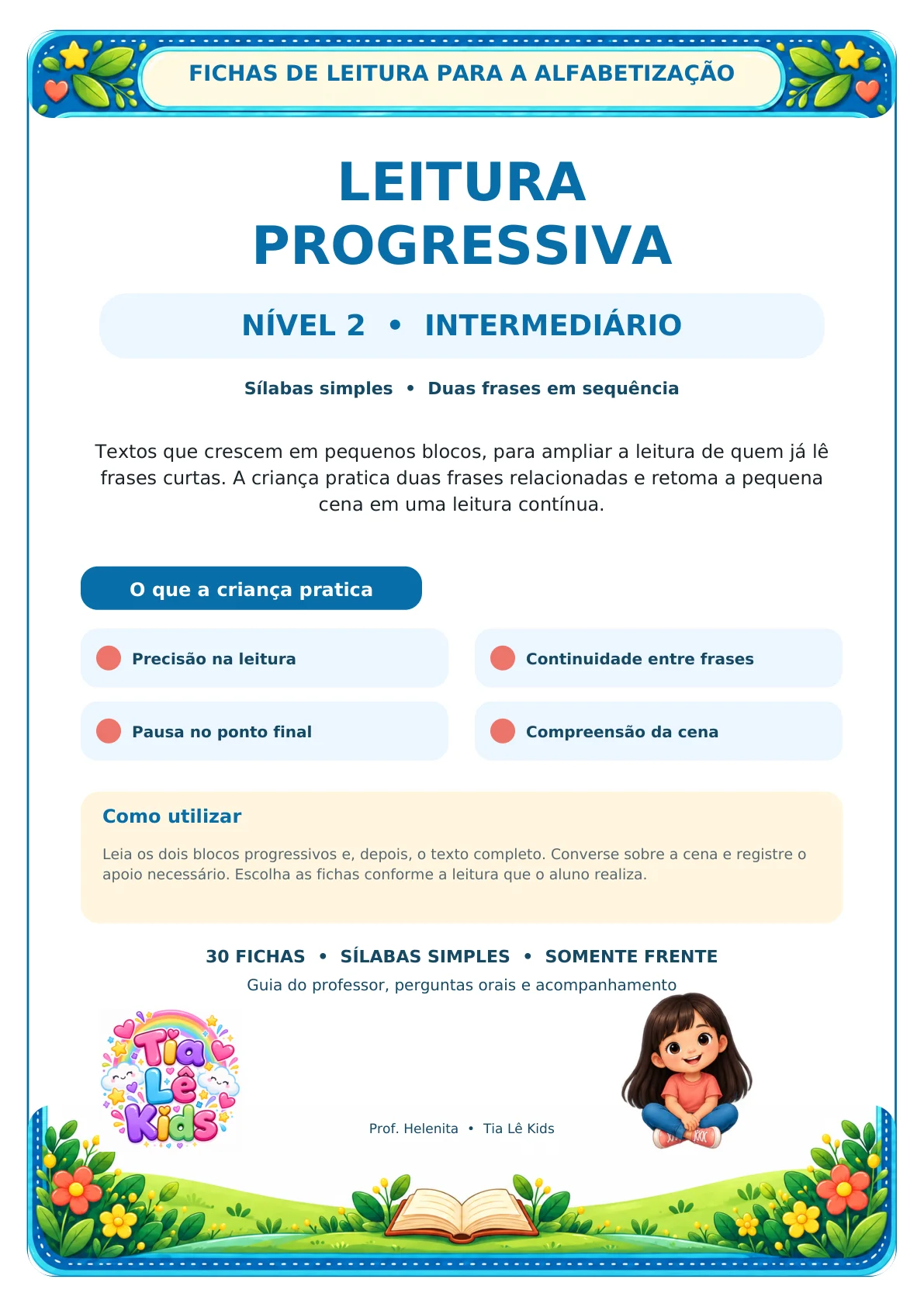 Kit Leitura Progressiva – Intermediário | 30 Fichas — amostra 6: 30 fichas com sílabas simples e duas frases progressivas