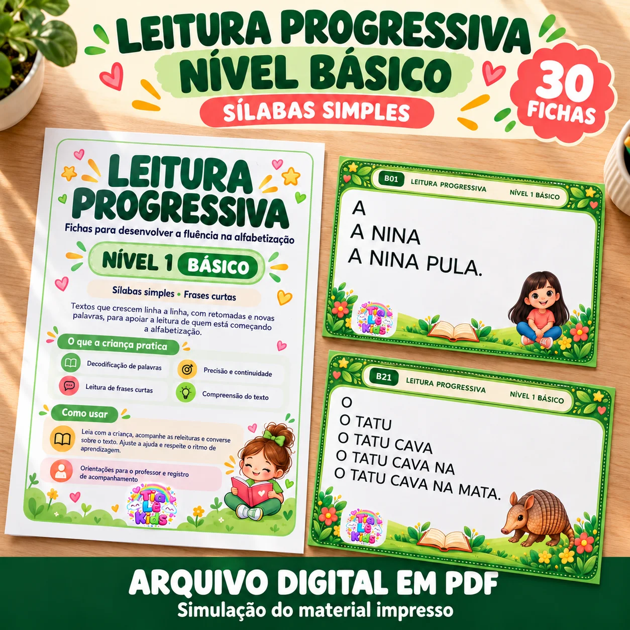 Kit Leitura Progressiva - Nível Básico | 30 Fichas — Alfabetização para Educação Infantil: 30 fichas com sílabas simples e…
