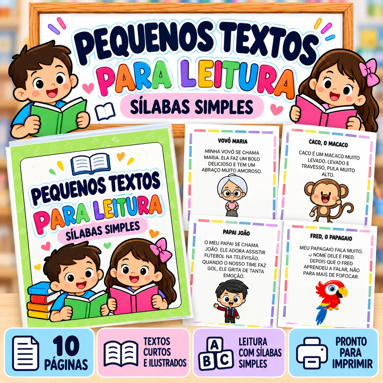 Kit Leiturinha | 18 Fichas com Pequenos Textos — Português para 1º ano: 18 fichas ilustradas com pequenos textos, parlendas…