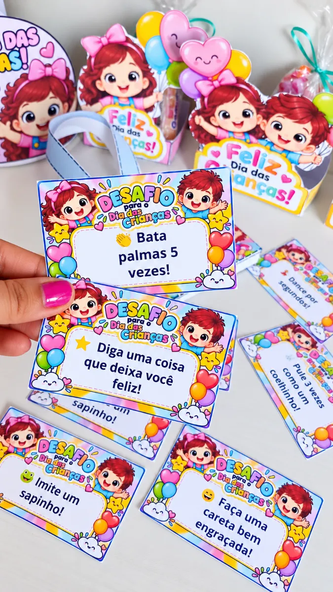 Kit Lembrancinha Dia das Crianças – 20 Desafios — amostra 2: Kit Dia das Crianças com 3 lembrancinhas, sacolinha temática,…