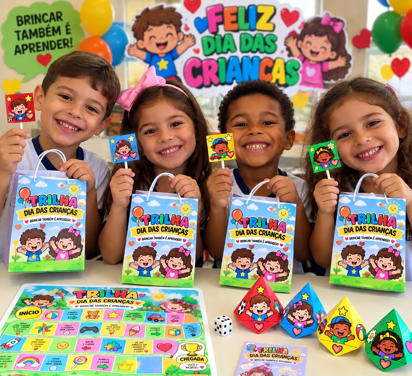 KIT LEMBRANCINHA JOGO TRILHA – DIA DAS CRIANÇAS COM DADO ,PININHOS COLORIDOS ,PORTA PIRULITO E CARTÃO, EM PDF PRONTO PARA IMPRIMIR. (cópia) — capa do material