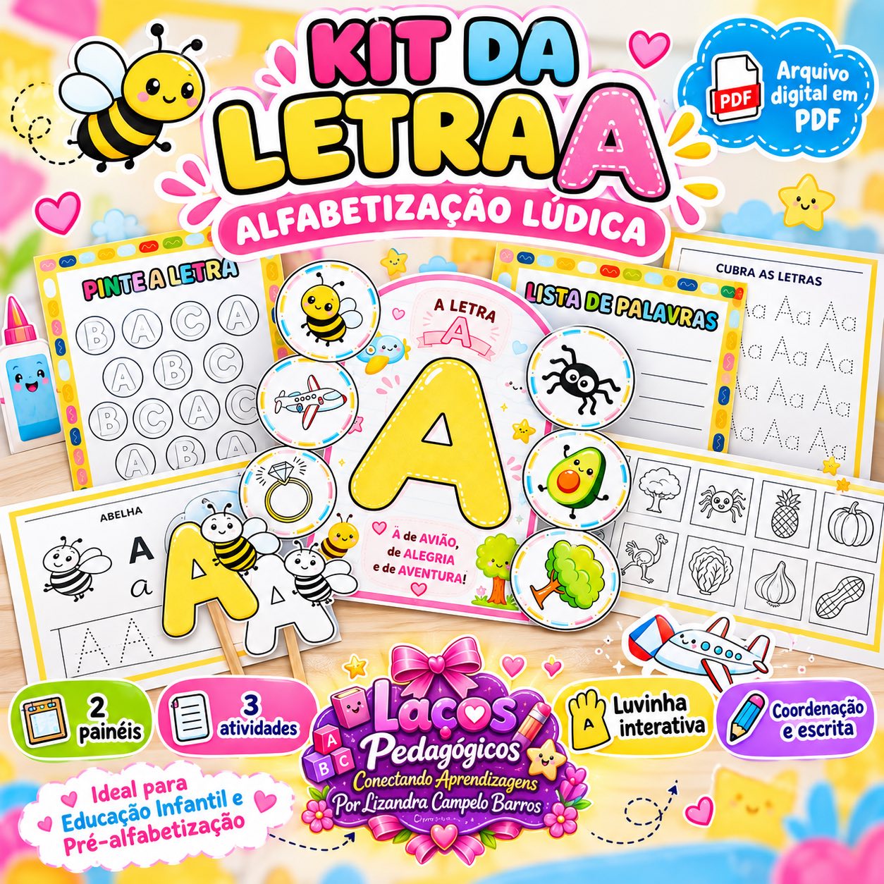 Kit Letra A para Alfabetização – Painéis, Atividades — capa do material
