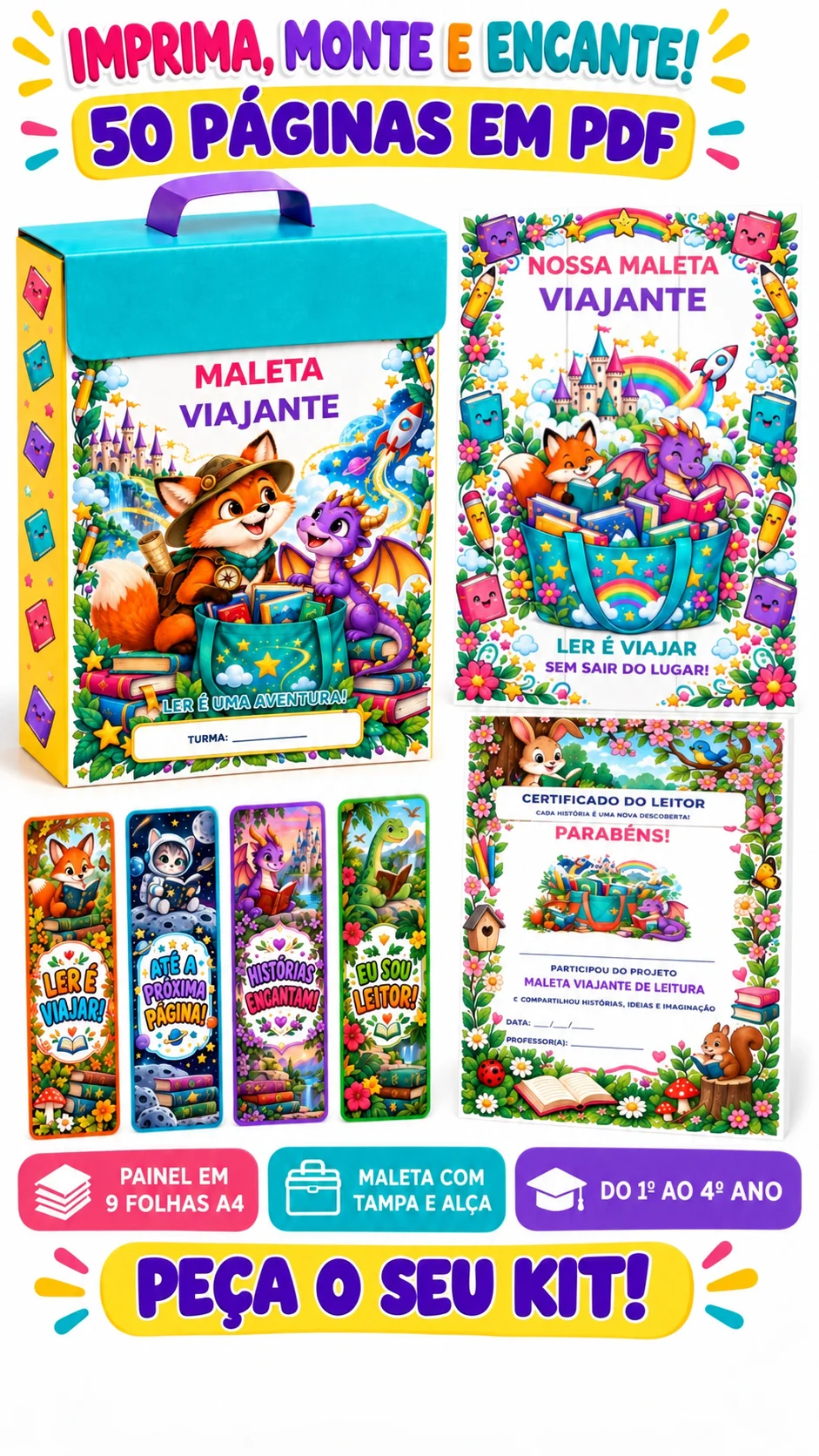 Kit Maleta Viajante de Leitura Projeto Escolar PDF — amostra 2: Kit Maleta Viajante de Leitura com painel ampliado,…