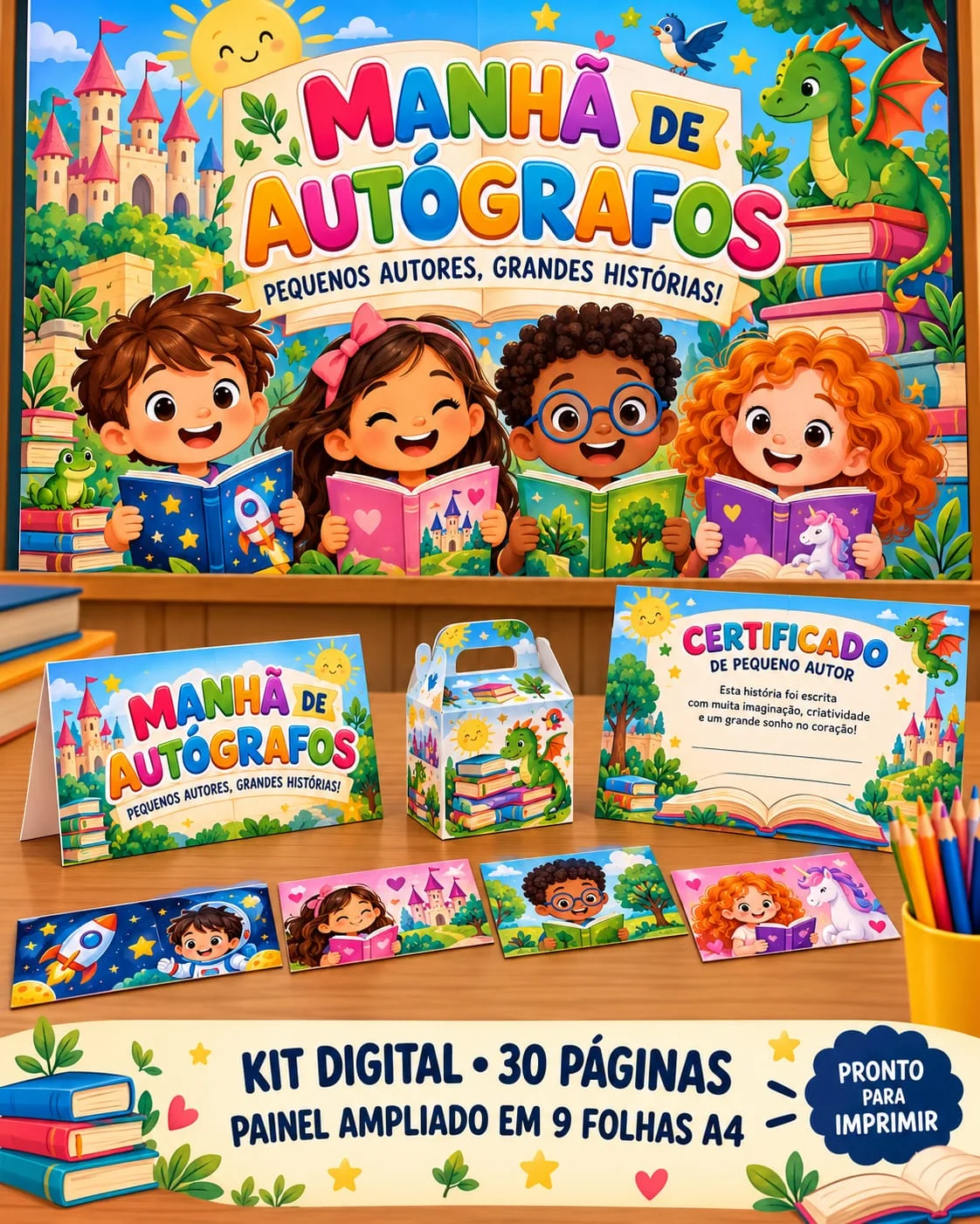 Kit Manhã de Autógrafos – Painel, Certificados Produção Textual — amostra 2: 🎁 O QUE ACOMPANHA O KIT?