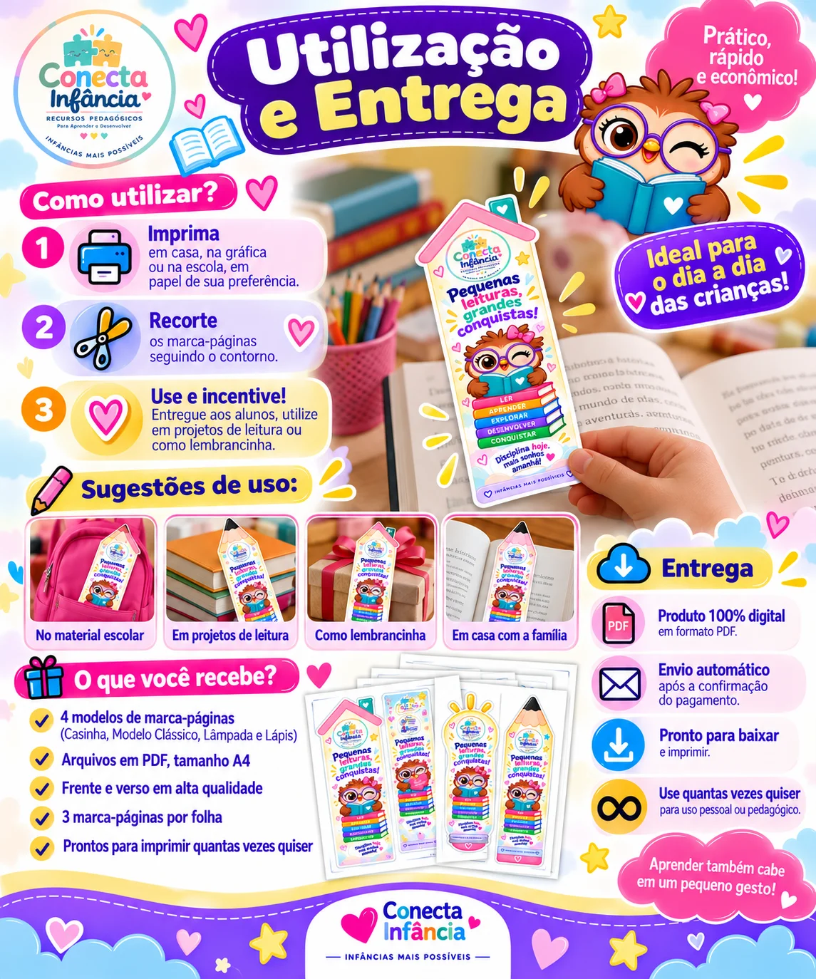 Kit Marca-Páginas Educativos | 4 Modelos para Imprimir — amostra 3: Kit com 4 modelos de marca-páginas educativos, frente e…