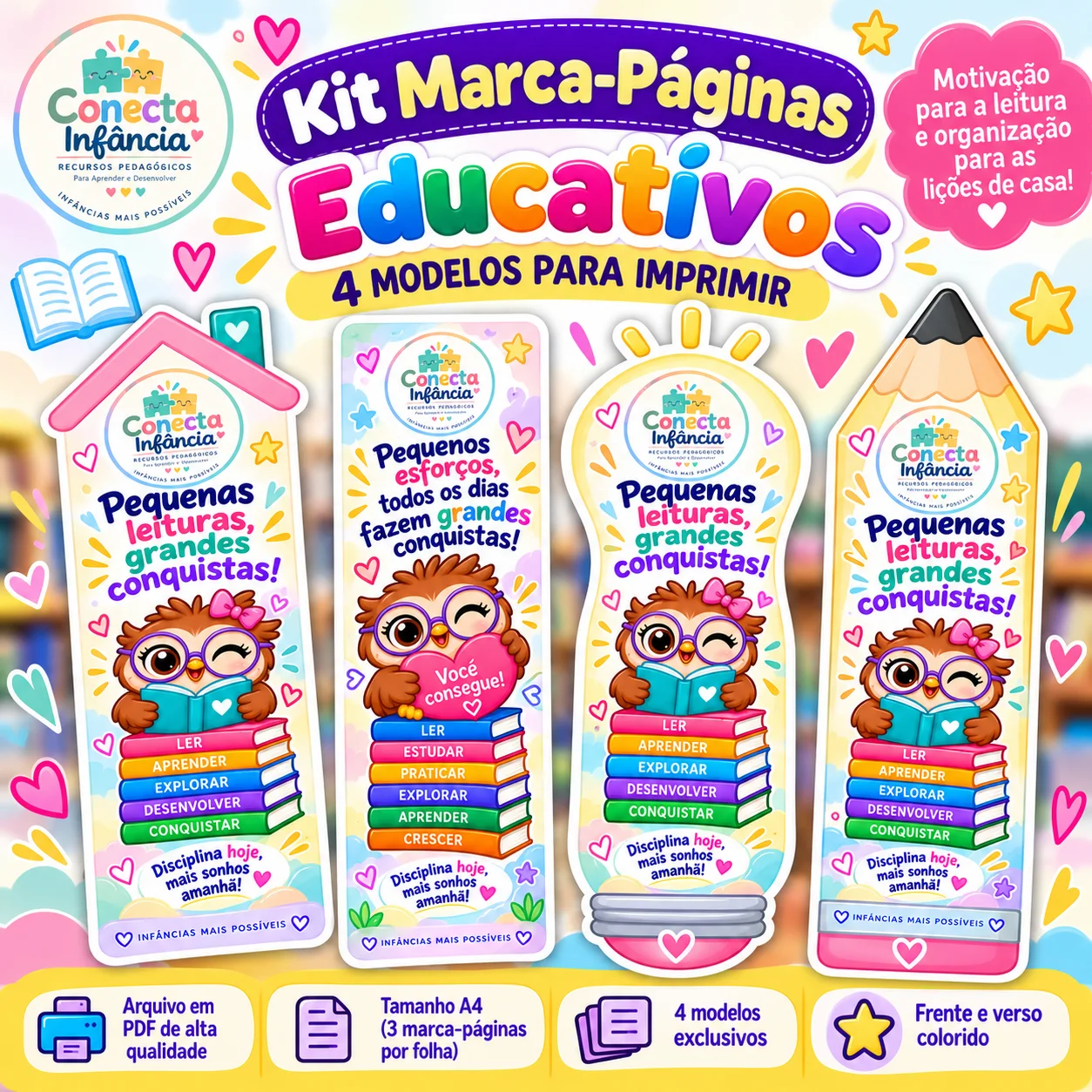 Kit Marca-Páginas Educativos | 4 Modelos para Imprimir — Alfabetização para Todas as séries: Kit com 4 modelos de…