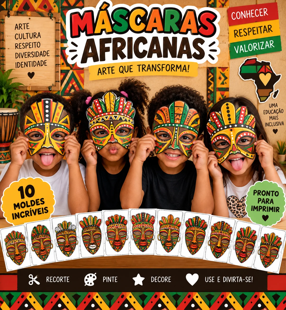 🌍✨ KIT MÁSCARAS AFRICANAS ✨🌍- ANOS INICIAIS — Alfabetização para Educação Infantil: O Kit Máscaras Africanas é um recurso…