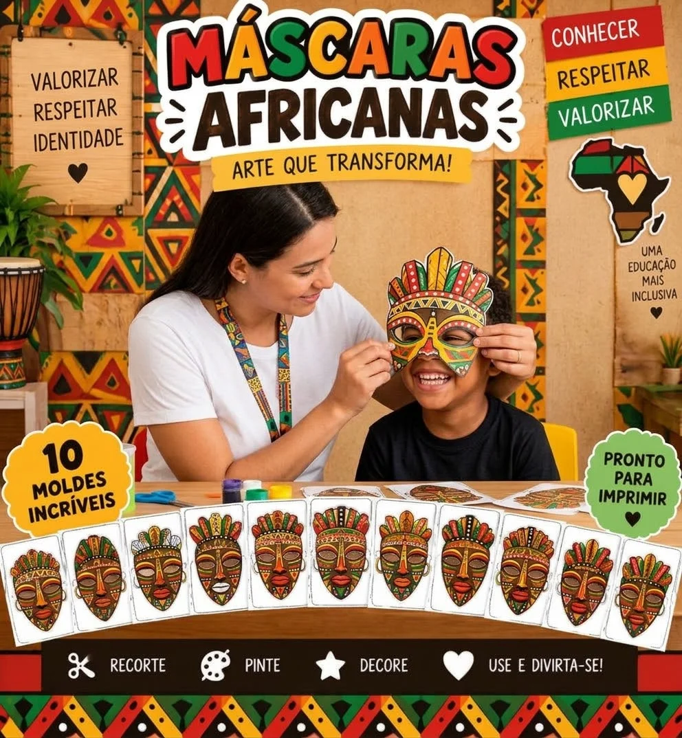 Kit Máscaras Africanas coloridas Consciência negra– 10 Modelos em PDF — amostra 2: Kit com 10 modelos de máscaras africanas…