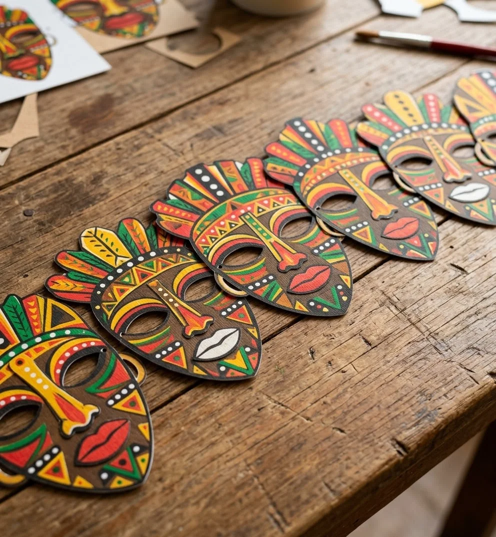 Kit Máscaras Africanas coloridas Consciência negra– 10 Modelos em PDF — amostra 3: Kit com 10 modelos de máscaras africanas…