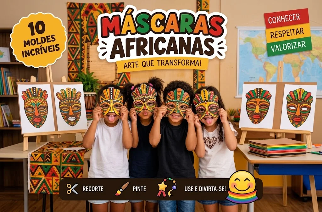 KIT MÁSCARAS AFRICANAS ✨🌍 Recortar e colorir — amostra 1: 👧🏾👦🏾 Ideal para projetos escolares e Consciência Negra…