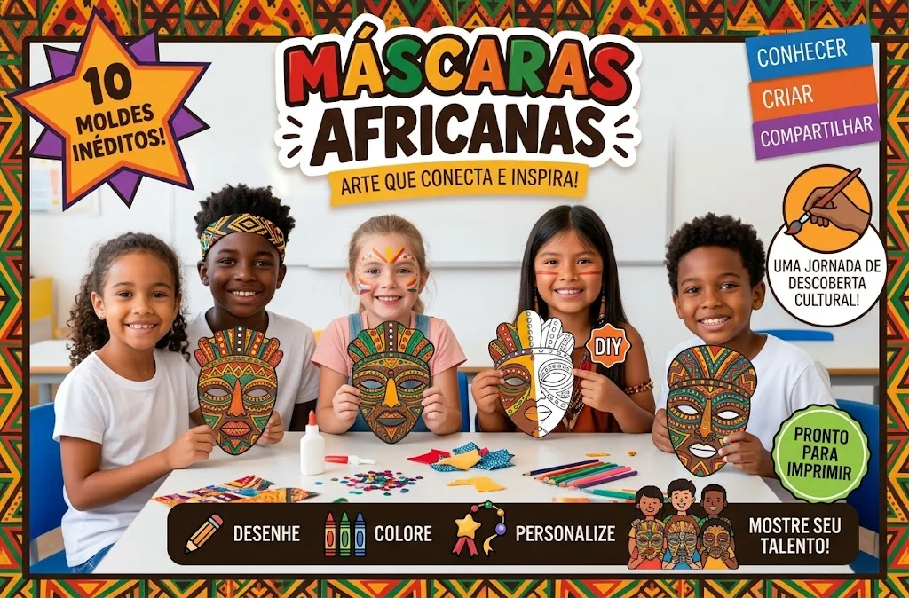 KIT MÁSCARAS AFRICANAS ✨🌍 Recortar e colorir — amostra 2: 👧🏾👦🏾 Ideal para projetos escolares e Consciência Negra…