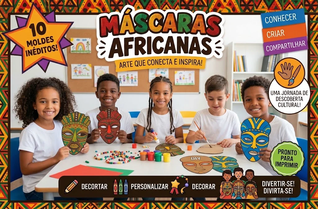 KIT MÁSCARAS AFRICANAS ✨🌍 Recortar e colorir — amostra 3: 👧🏾👦🏾 Ideal para projetos escolares e Consciência Negra…