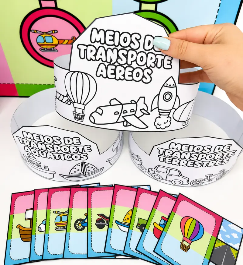 Kit Meios de Transporte: atividades em PDF para imprimir — amostra 5: Explore transportes aéreos, terrestres e aquáticos…