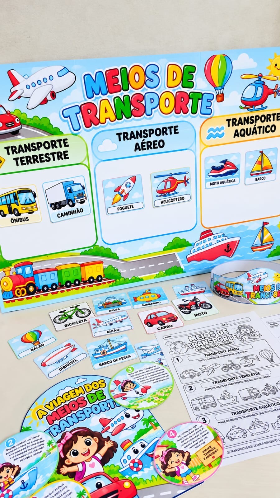 Kit Meios de Transportes para Educação Infantil e Anos Iniciais — amostra 2: Kit pedagógico em PDF com painéis, luva de…