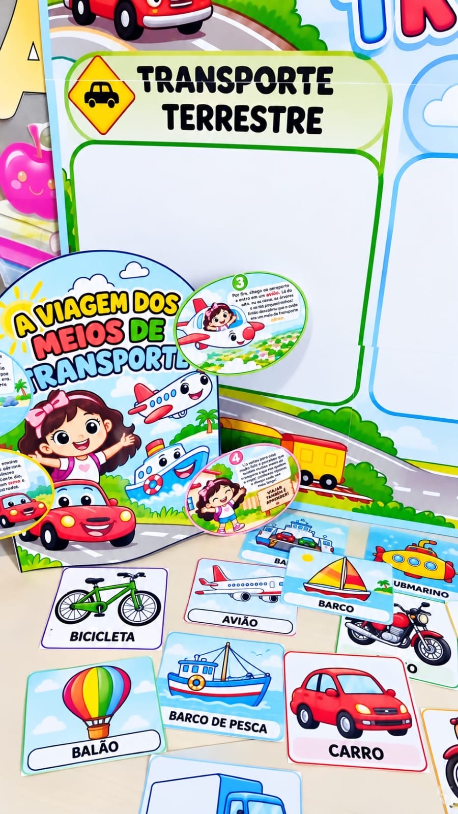 Kit Meios de Transportes para Educação Infantil e Anos Iniciais — amostra 4: Kit pedagógico em PDF com painéis, luva de…